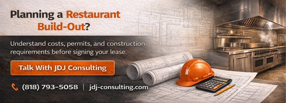 Restaurant construction consulting call to action banner for JDJ Consulting tenant improvement planning and commercial development support.