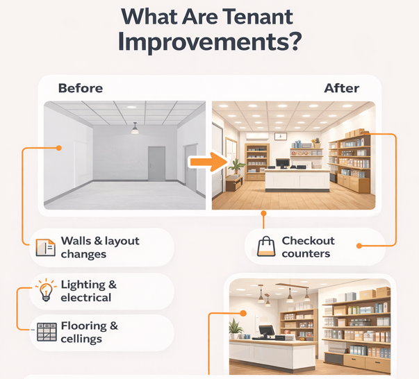 Diagram showing retail tenant improvements including layout, lighting, and store build-out elements