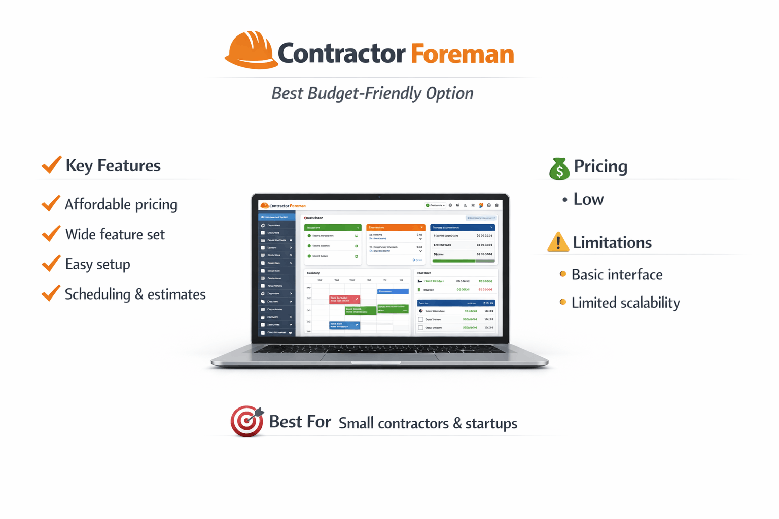Contractor Foreman dashboard showing affordable construction project management tools.