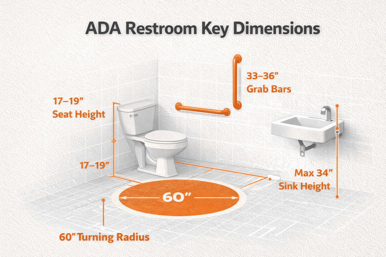 Diagram showing ADA restroom turning radius, grab bars, and sink height.