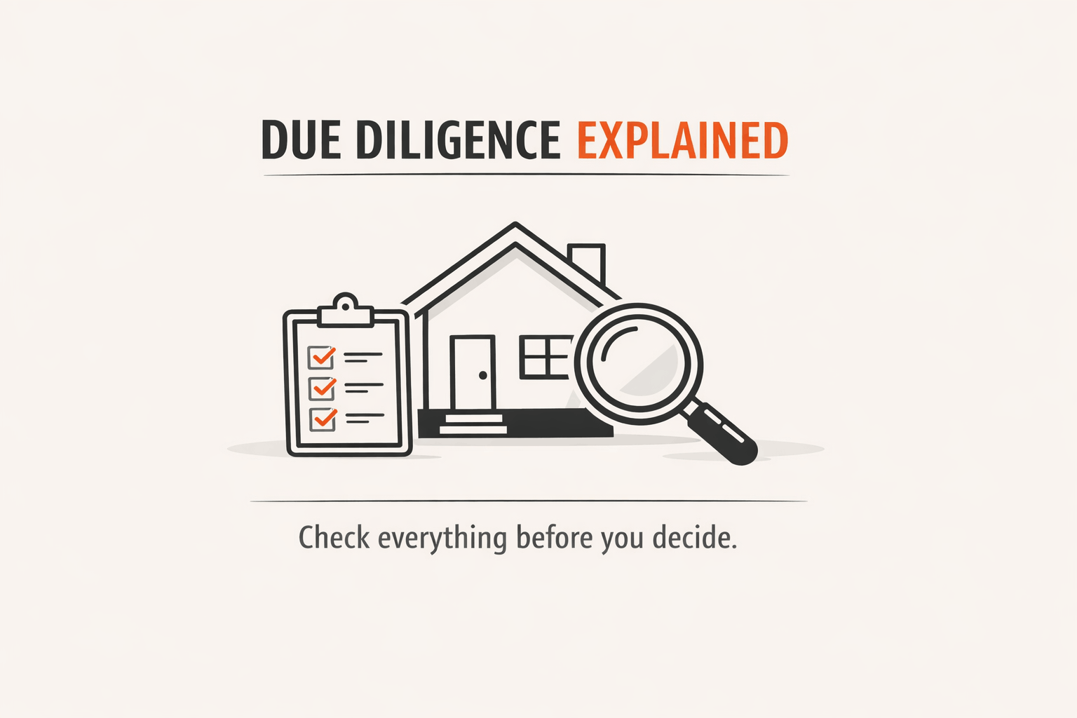 Minimal graphic showing house, checklist, and magnifying glass representing due diligence in property inspections