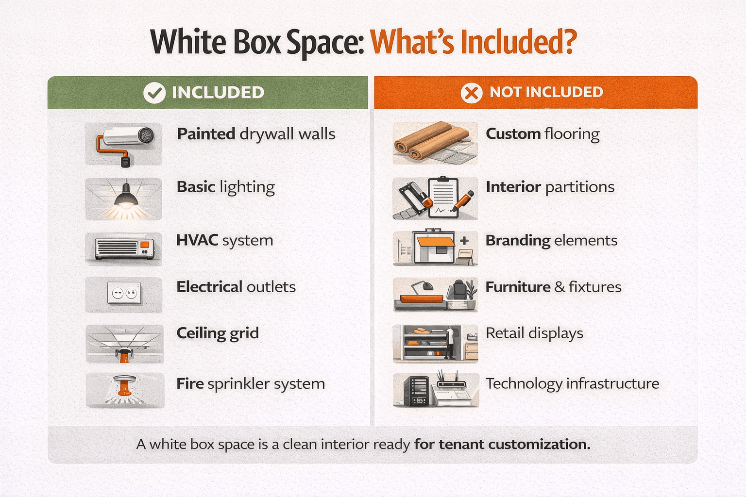 Infographic showing what is included and not included in a white box commercial space, such as lighting, HVAC, and electrical systems.
