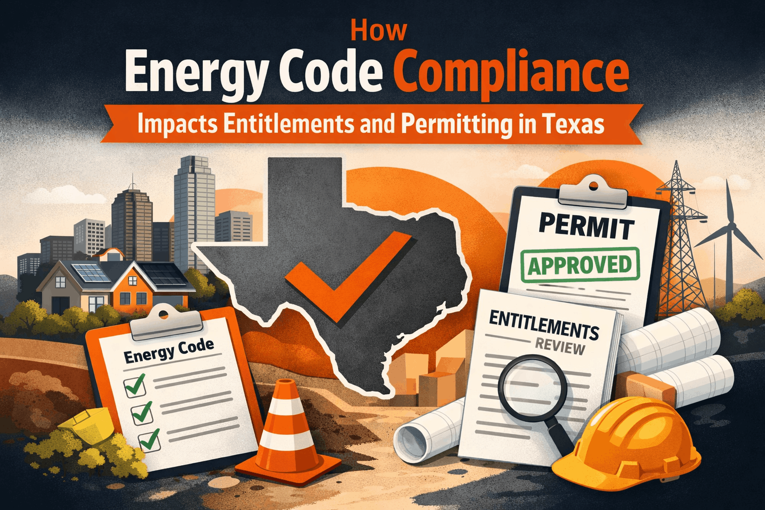 Energy code compliance impact on entitlements and permitting in Texas with construction plans, approval documents, and building elements illustration