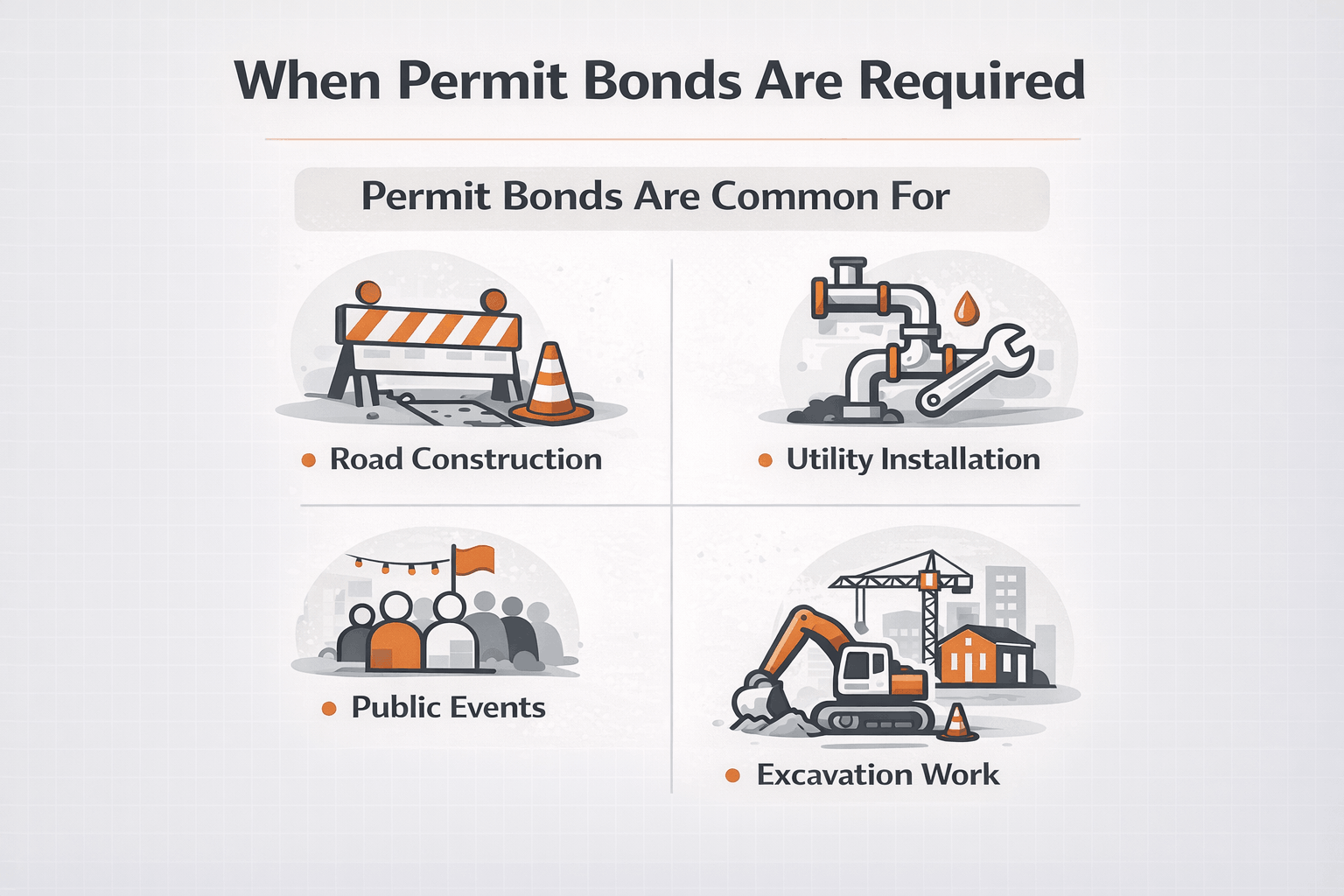Examples of projects that require permit bonding including road work utilities and public events
