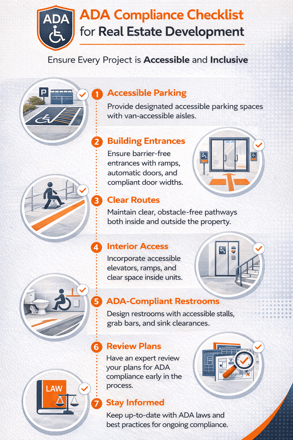 Vertical infographic outlining ADA compliance checklist for commercial real estate development projects.