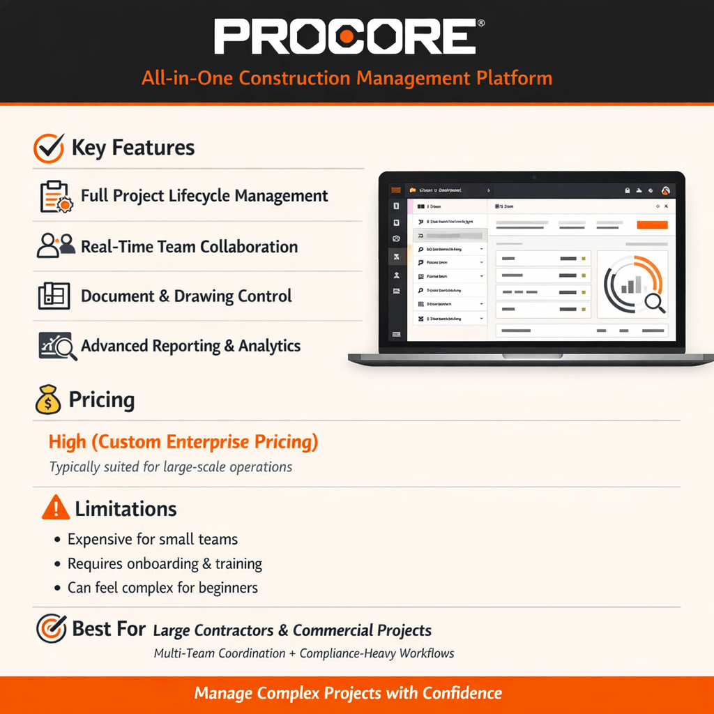 Procore construction software dashboard showing project tracking and collaboration tools.