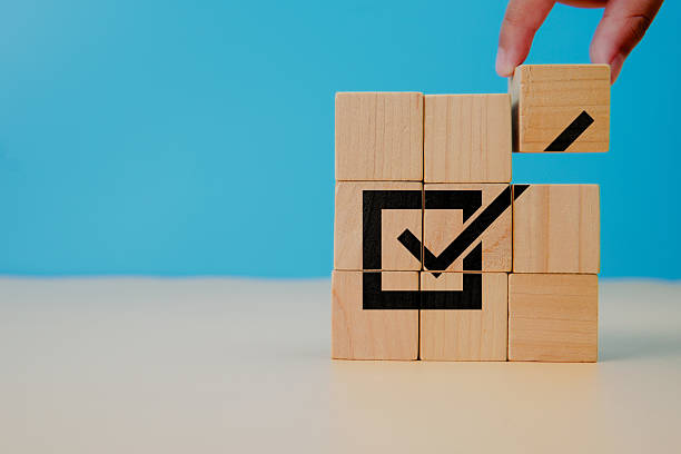 Corporate compliance and task completion concept showing regulatory approval, ethical standards, quality assurance, and goal achievement through correct action and verified processes.