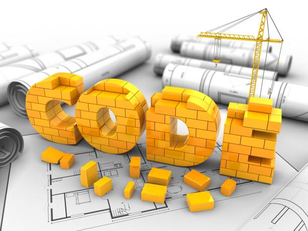 3d illustration of crane over house plan background with code sign