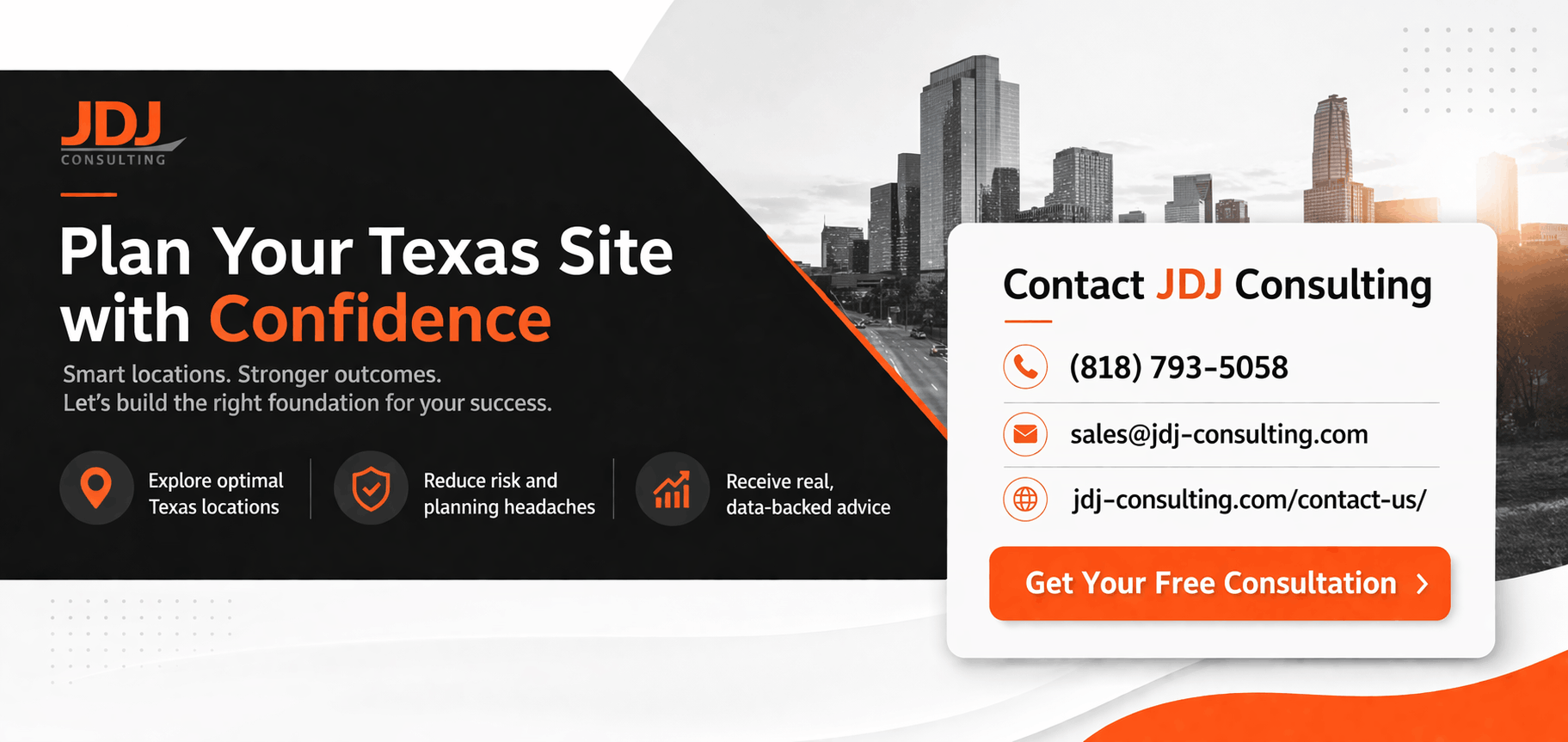 Minimal CTA banner with JDJ Consulting contact card showing phone number, email, contact page link, and a “Get Your Free Consultation” button on a clean modern background.
