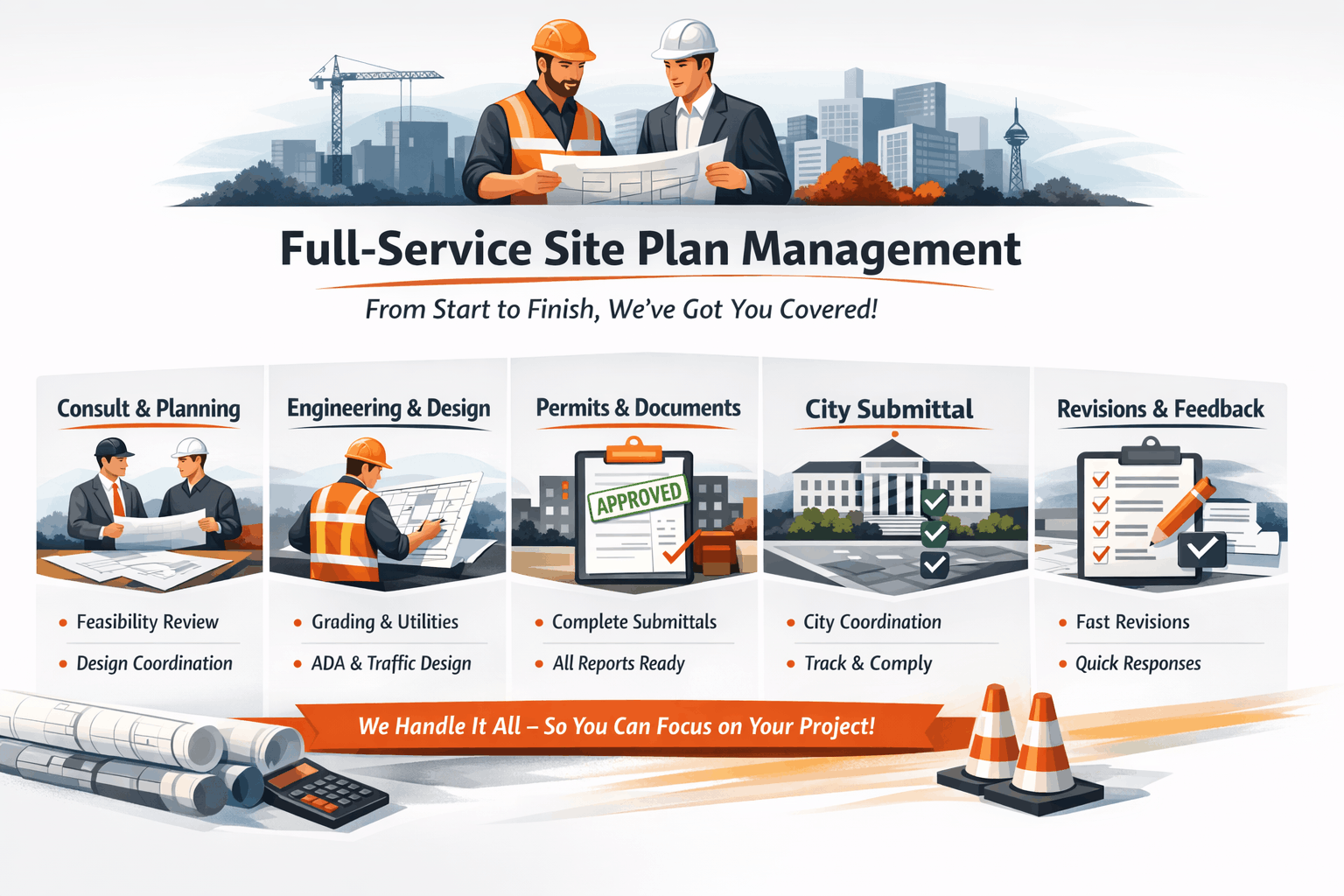 Infographic showing JDJ Consulting’s site plan approval process, including planning, engineering, permits, city submission, and revisions.