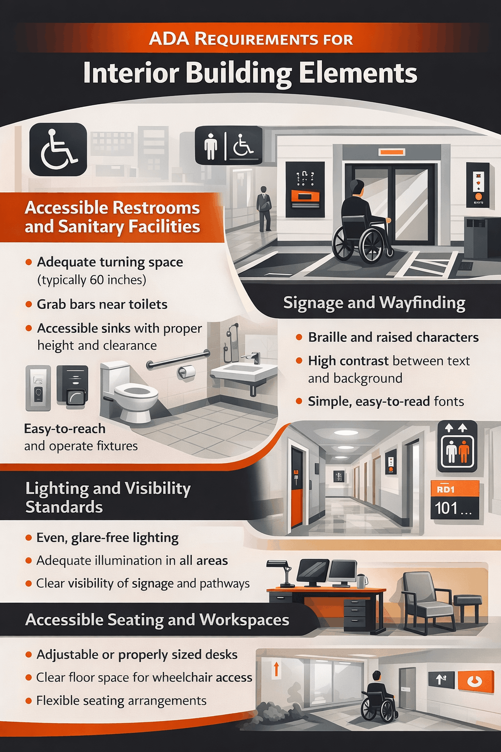 Minimal infographic showing ADA interior accessibility elements: restroom, signage, lighting, and workspace requirements clearly labeled