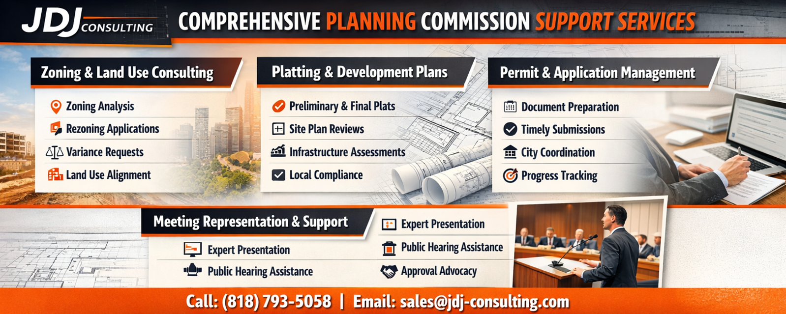 JDJ Consulting banner showcasing planning commission support services including zoning consulting, platting plans, permit management, and meeting representation with contact details.