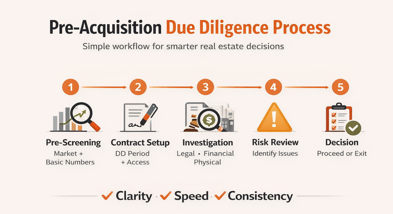 Minimal infographic showing the pre-acquisition due diligence process in Texas, including five steps: pre-screening, contract setup, investigation, risk review, and final decision, with icons and orange accents on a light background.