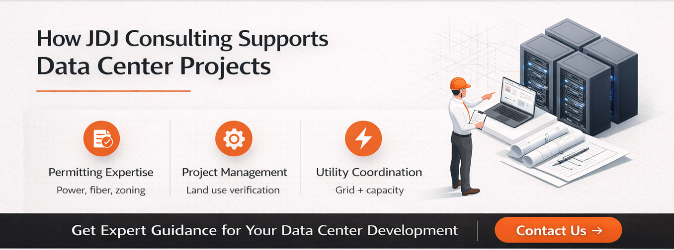 Minimalist CTA banner showing “How JDJ Consulting Supports Data Center Projects,” featuring a clean layout with bold headline, three service highlights (permitting expertise, project management, utility coordination)