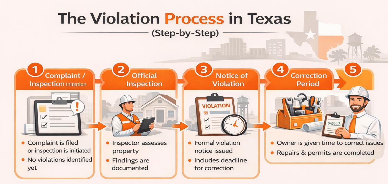 Flowchart showing Texas violation process steps from complaint to inspection, notice, correction period, and final reinspection outcome