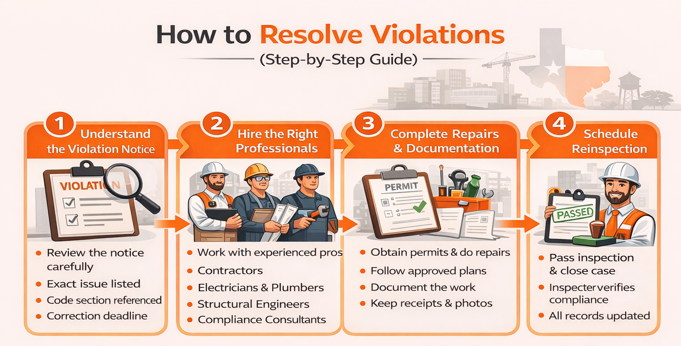 Flowchart showing steps to resolve violations, from reviewing notice to hiring professionals, completing repairs, reinspection, and final clearance