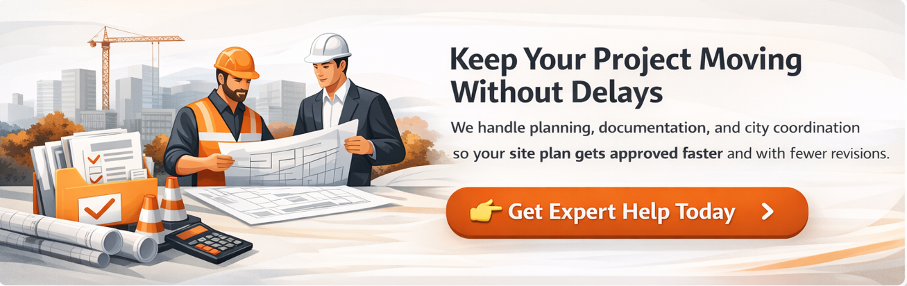 CTA banner showing engineers reviewing site plans with message about faster approvals and expert support.