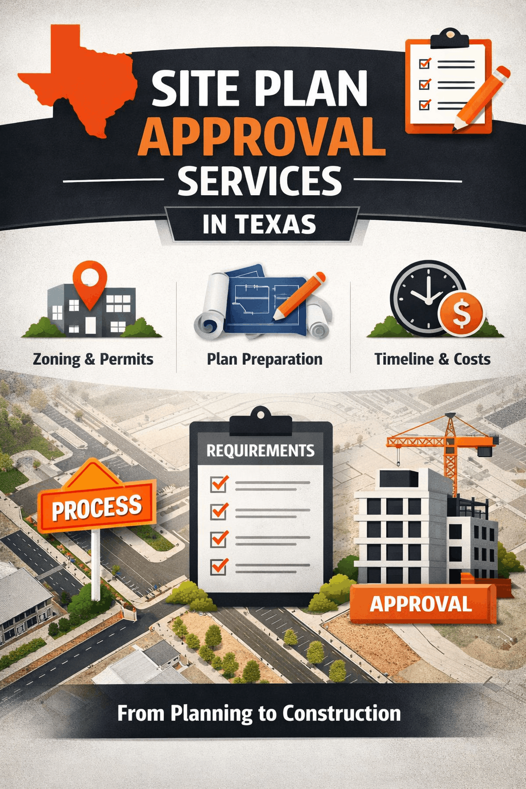 Site plan approval services in Texas infographic showing zoning, plan preparation, timeline, requirements, and construction approval process in a clean, professional layout using orange and dark tones.