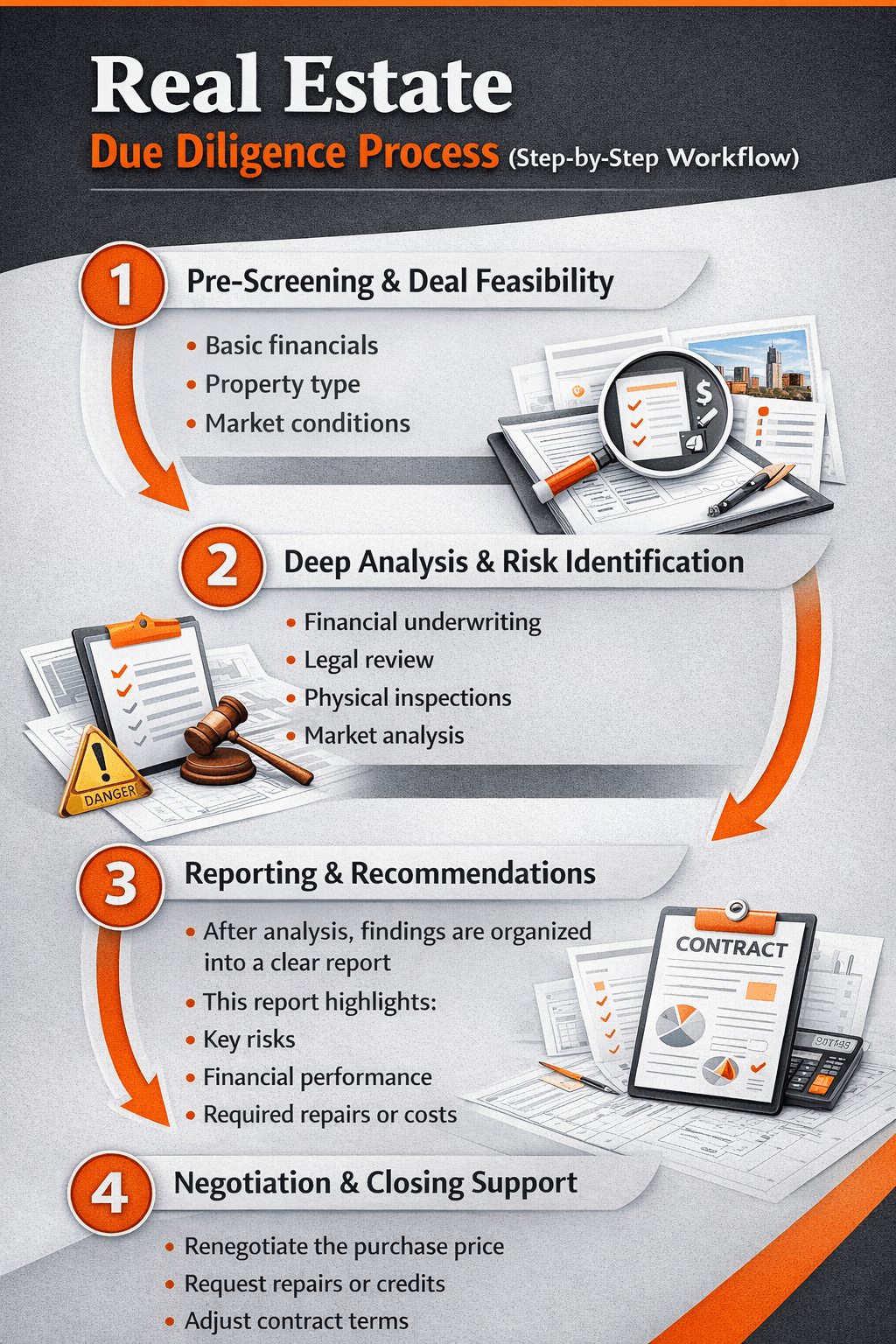 Real estate due diligence process infographic showing four steps: pre-screening, deep analysis, reporting, and negotiation in a structured workflow.