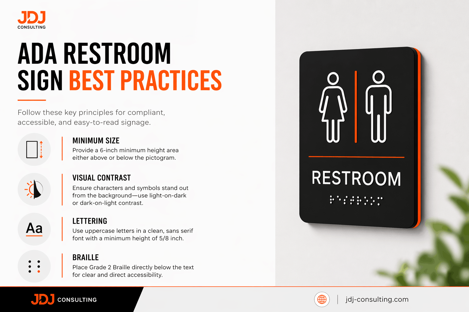 Modern ADA restroom signage infographic by JDJ Consulting featuring contrast, size, lettering, and Braille guidelines.