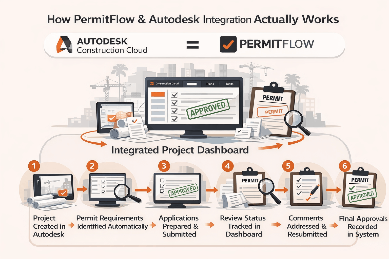 Flowchart showing PermitFlow and Autodesk integration steps, from project creation to approvals, with dashboard tracking, submissions, and permit workflow process.