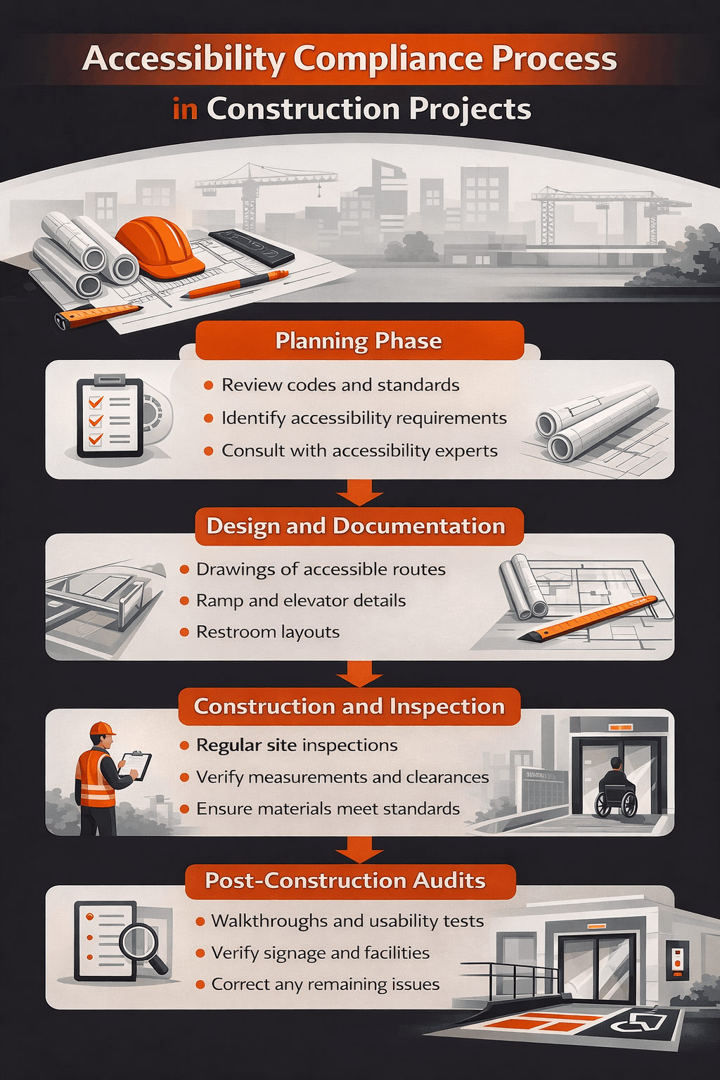 Flowchart showing accessibility compliance process in construction: planning, design, construction, and post-construction audit stages