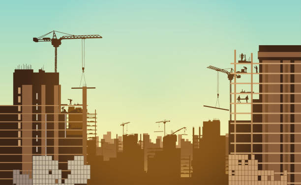 Construction site with a tower crane. Construction of residential buildings.Vector illustration