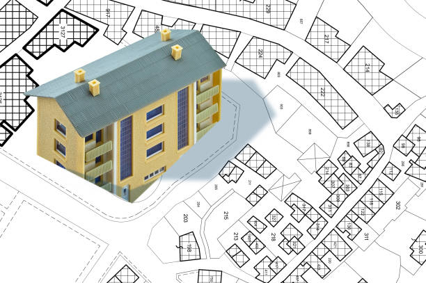 Imaginary cadastral map of territory with buildings, roads and land parcel - land and property registry and real estate property concept illustration