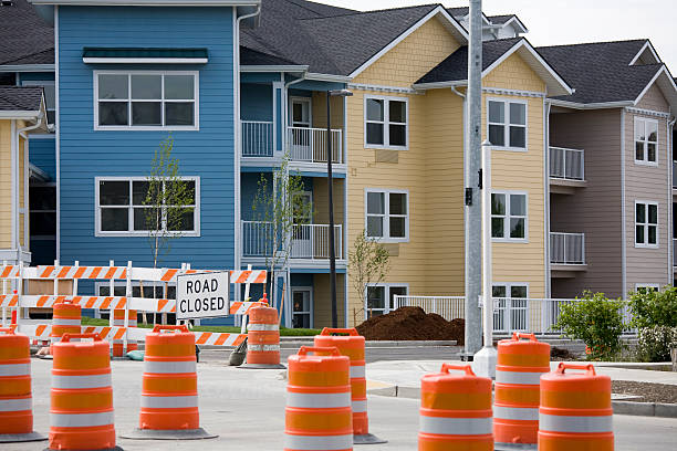 A housing subdivision where construction activity has nearly finished.