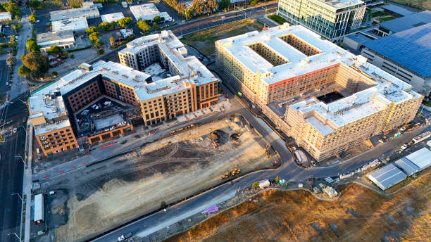 Aerial view of construction in Silicon Valley, Santa Clara, drone image
