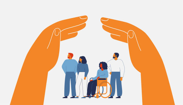 Human hands create secure environment via home roof gesture above people. Two arms protect and care about men and women. Legal defense, shelter, medical and life insurance for civil persons. Vector