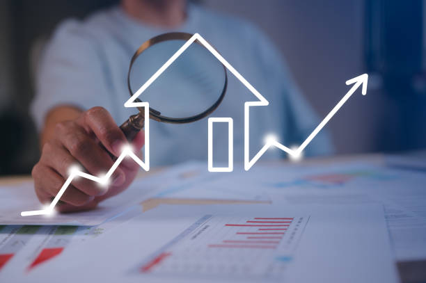 Real Estate Market Report (2025 Insights) Businessman holding magnifying glass An investor studying real estate market trends with a magnifying glass real estate investment concept energy efficiency rating and property value