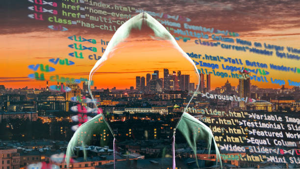 Big financial data theft concept. An anonymous hacker is hacking highly-protected financial data through computers