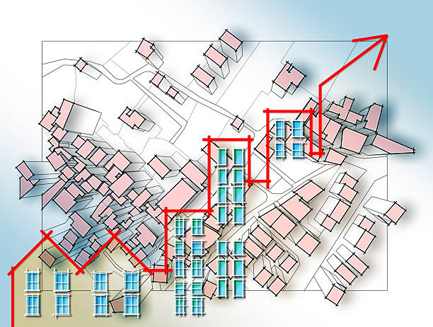 REAL ESTATE MARKET TRENDS - Concept with cityscape, city map and increasing graph