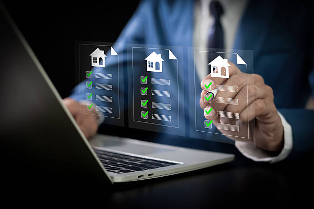 Digital home loan application form with checklist on virtual screen.