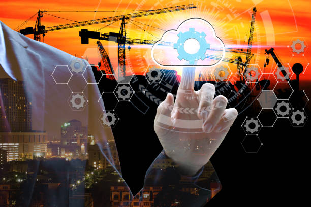 Double exposure of businessman touch virtual over the Network connection with Silhouette crane construction background.