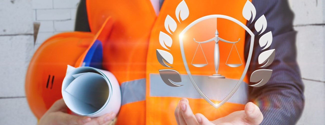 Builder symbolizes legal protection in construction. A builder showcases a symbol of legal protection during a construction project, wearing safety gear and holding architectural plans.