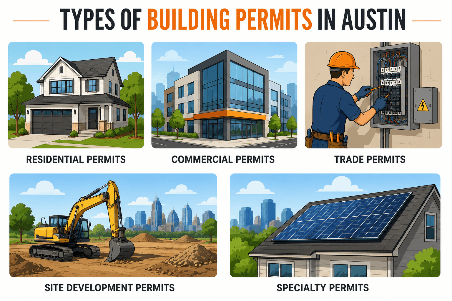 Cartoon-style infographic showing five types of building permits in Austin: residential, commercial, trade, site development, and specialty permits.