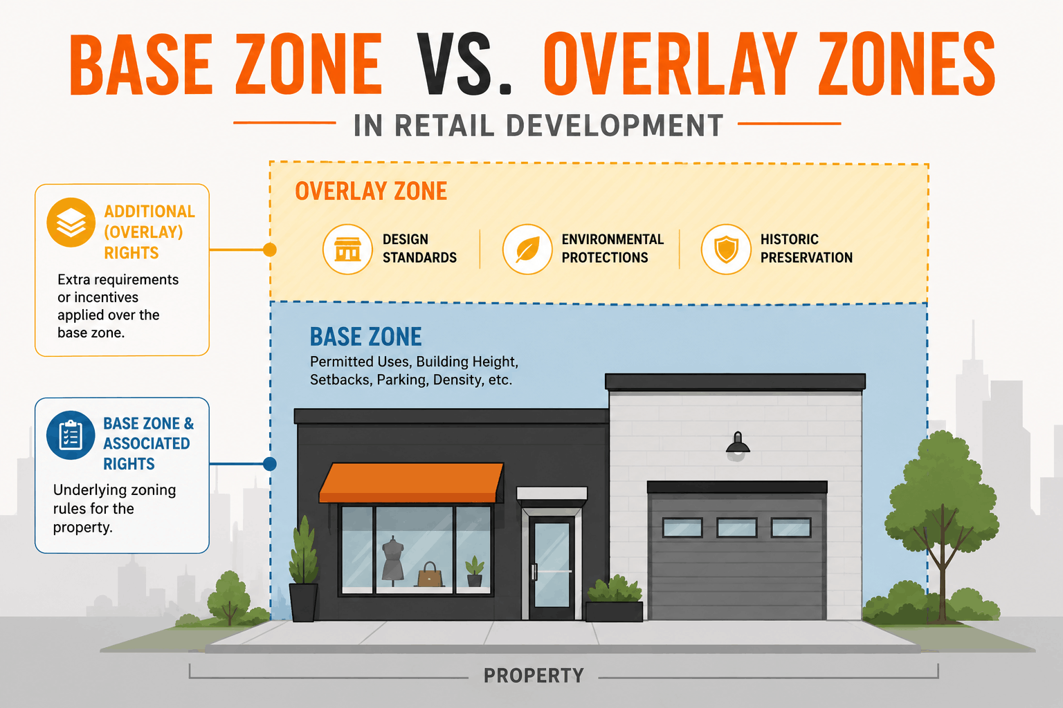 Base zone vs. overlay zone infographic showing how overlay regulations add design, environmental, and historic requirements to retail properties.