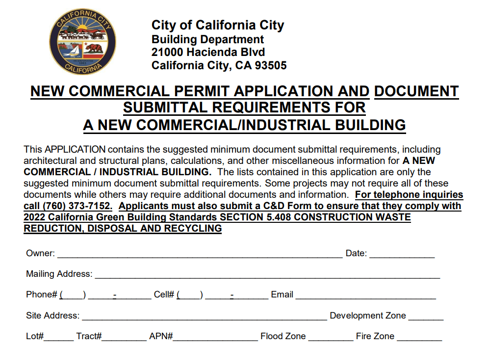 NEW COMMERCIAL PERMIT APPLICATION AND DOCUMENT SUBMITTAL REQUIREMENTS FOR A NEW COMMERCIAL/INDUSTRIAL BUILDING 