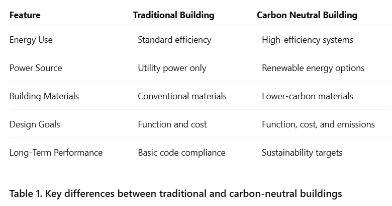 Table 1. Key differences between traditional and carbon neutral buildings