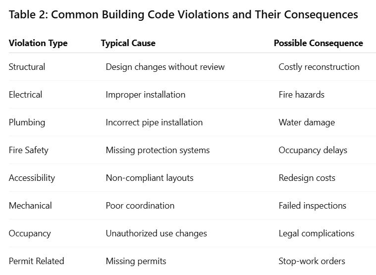 Table 2: Common Building Code Violations and Their Consequences