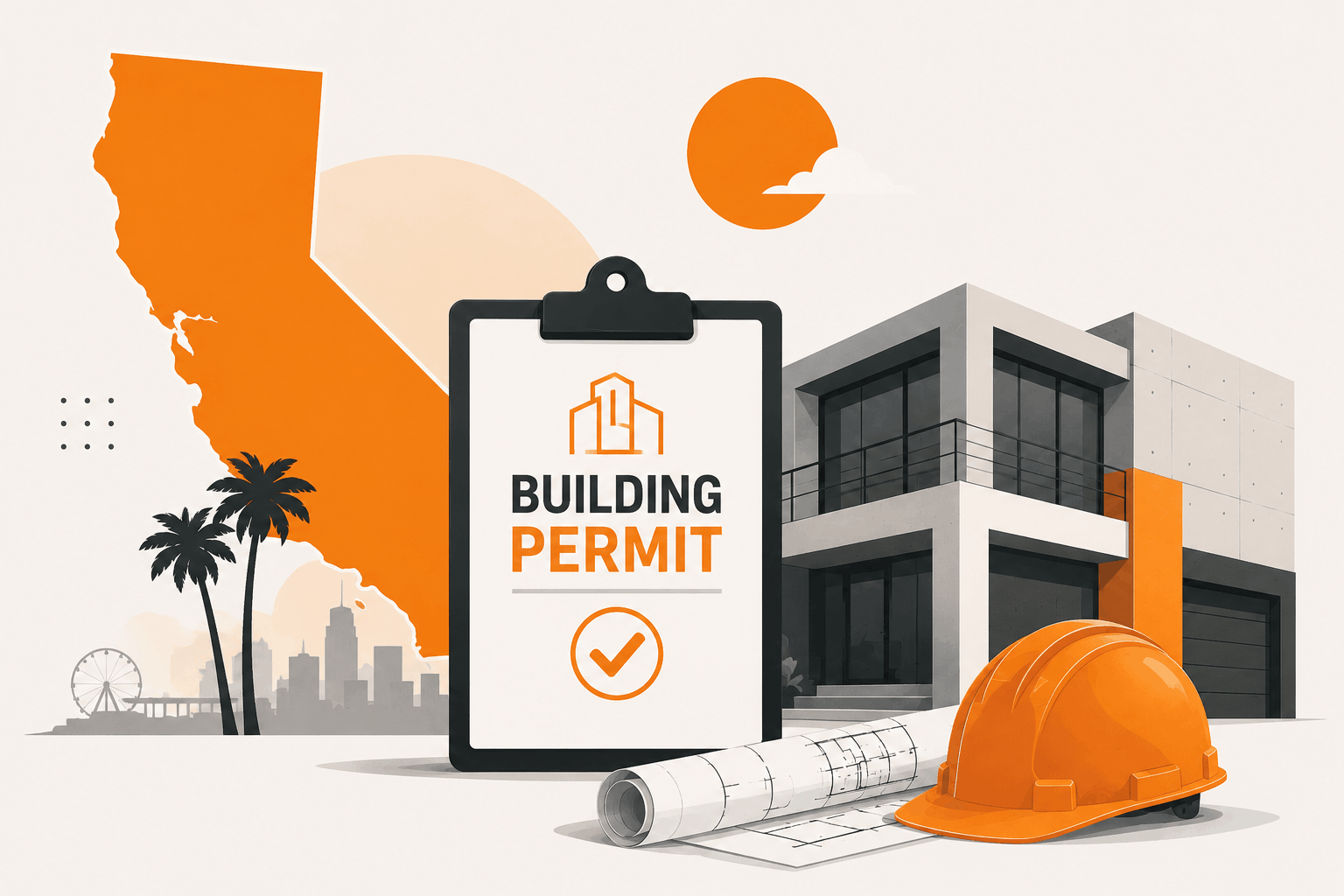 Minimalist illustration of the California building permit process featuring a California map, approved permit clipboard, modern building, construction blueprint, and safety helmet in orange, gray, and black colors.