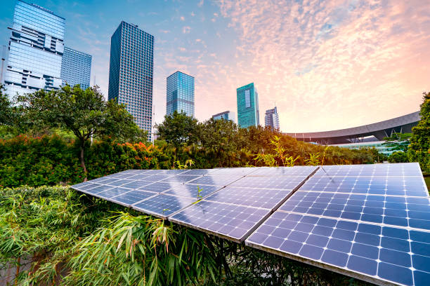 Solar Power Plant in modern city, Sustainable Renewable Energy.