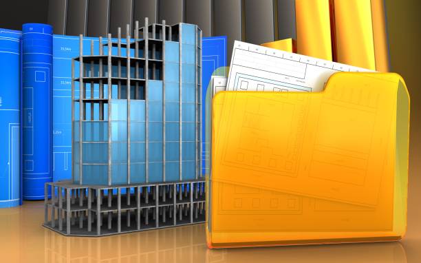 3d illustration of modern building frame with drawing roll over golden charts background